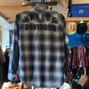 Harley-Davidson Men's Gray and Black Plaid Shirt with Logo on back